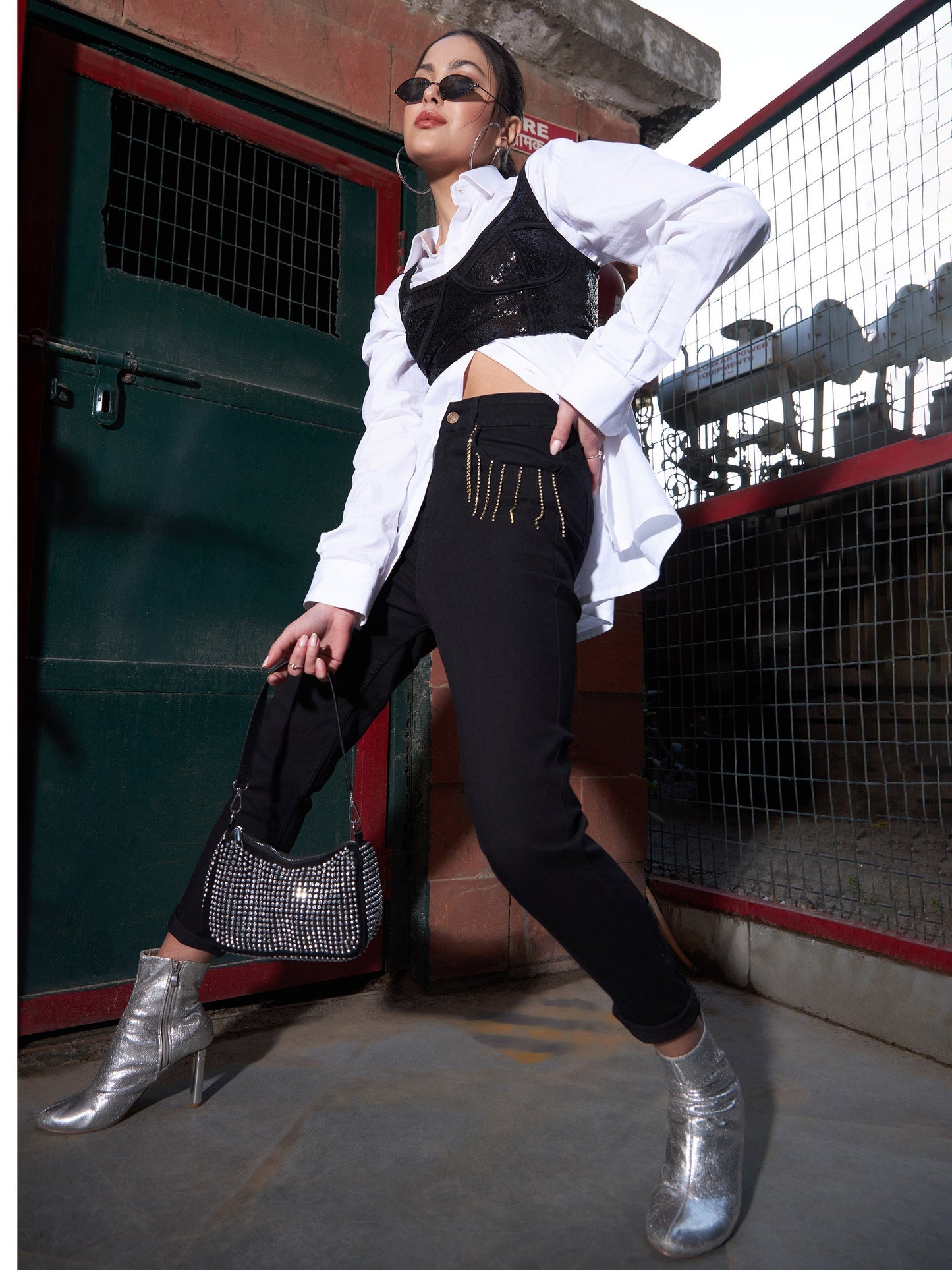 Women's Black Diamante High Waist Skinny Fit Jeans