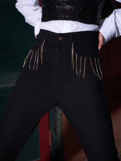 Women's Black Diamante High Waist Skinny Fit Jeans