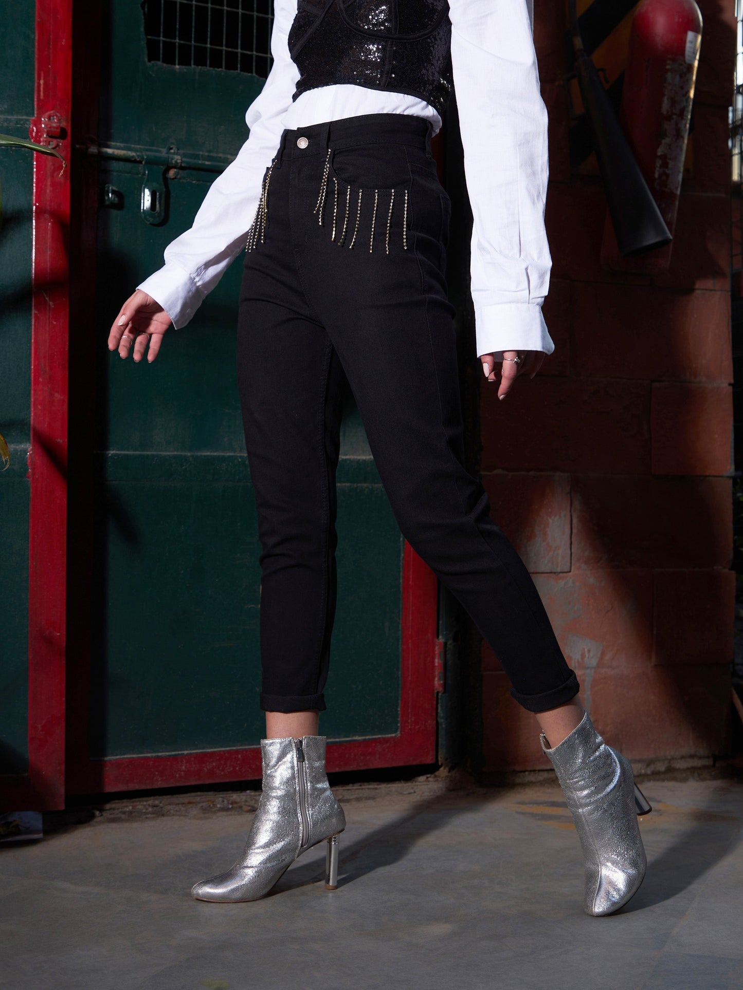 Women's Black Diamante High Waist Skinny Fit Jeans