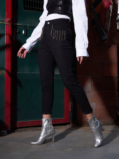 Women's Black Diamante High Waist Skinny Fit Jeans