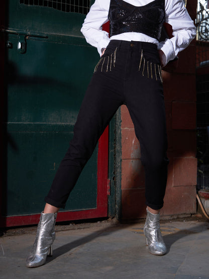 Women's Black Diamante High Waist Skinny Fit Jeans