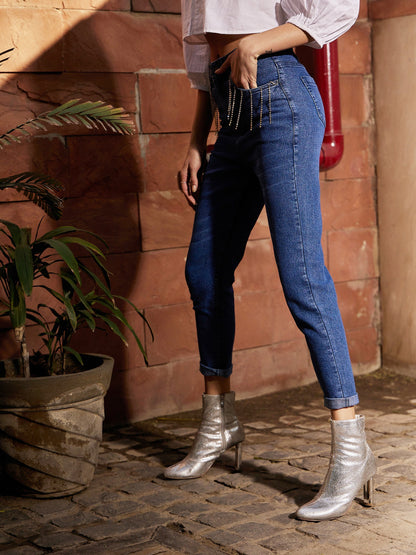 Women's Navy Diamante High Waist Skinny Fit Jeans