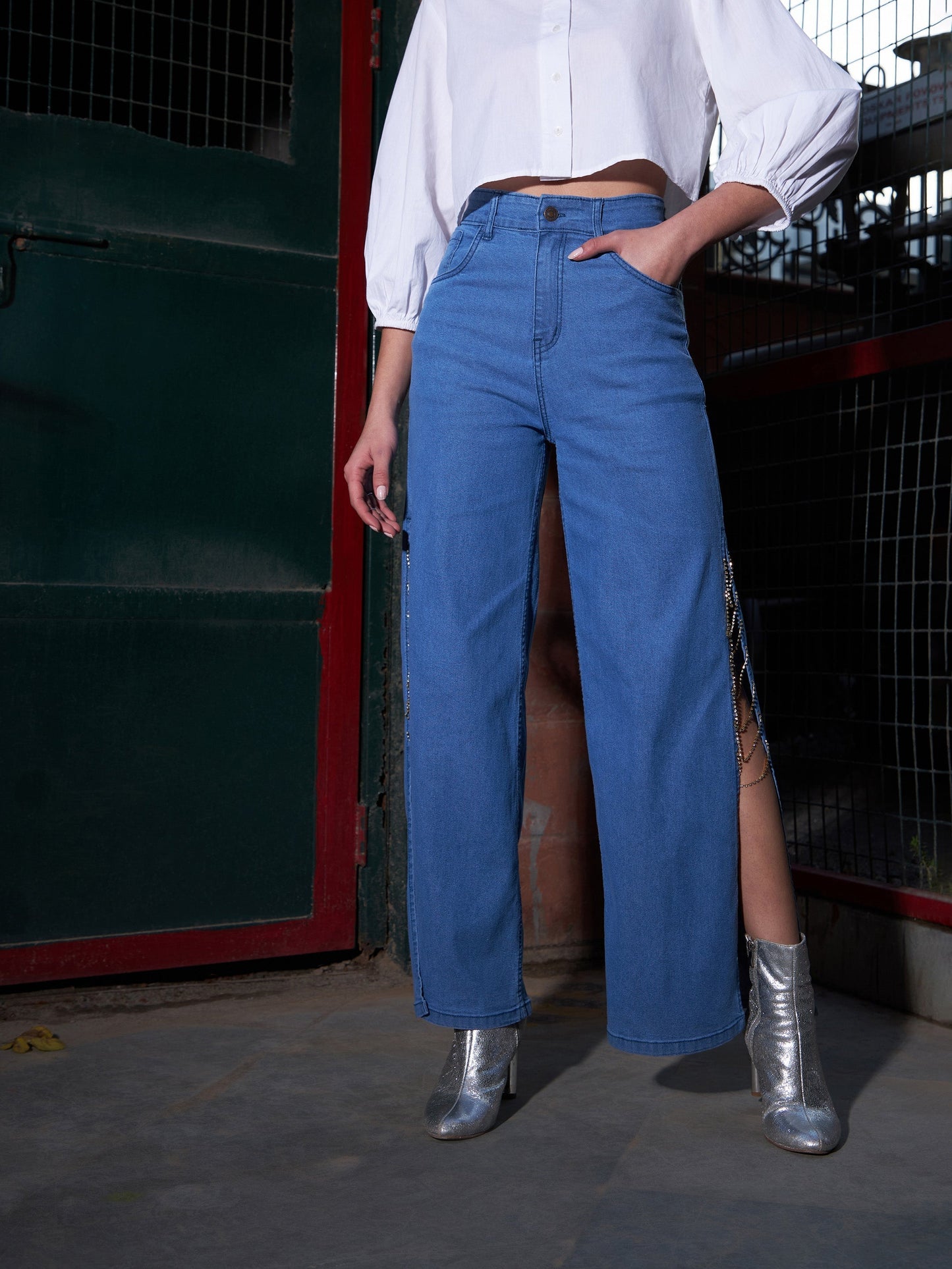 Women's Blue Diamante Side Slit Straight Jeans