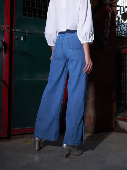 Women's Blue Diamante Side Slit Straight Jeans