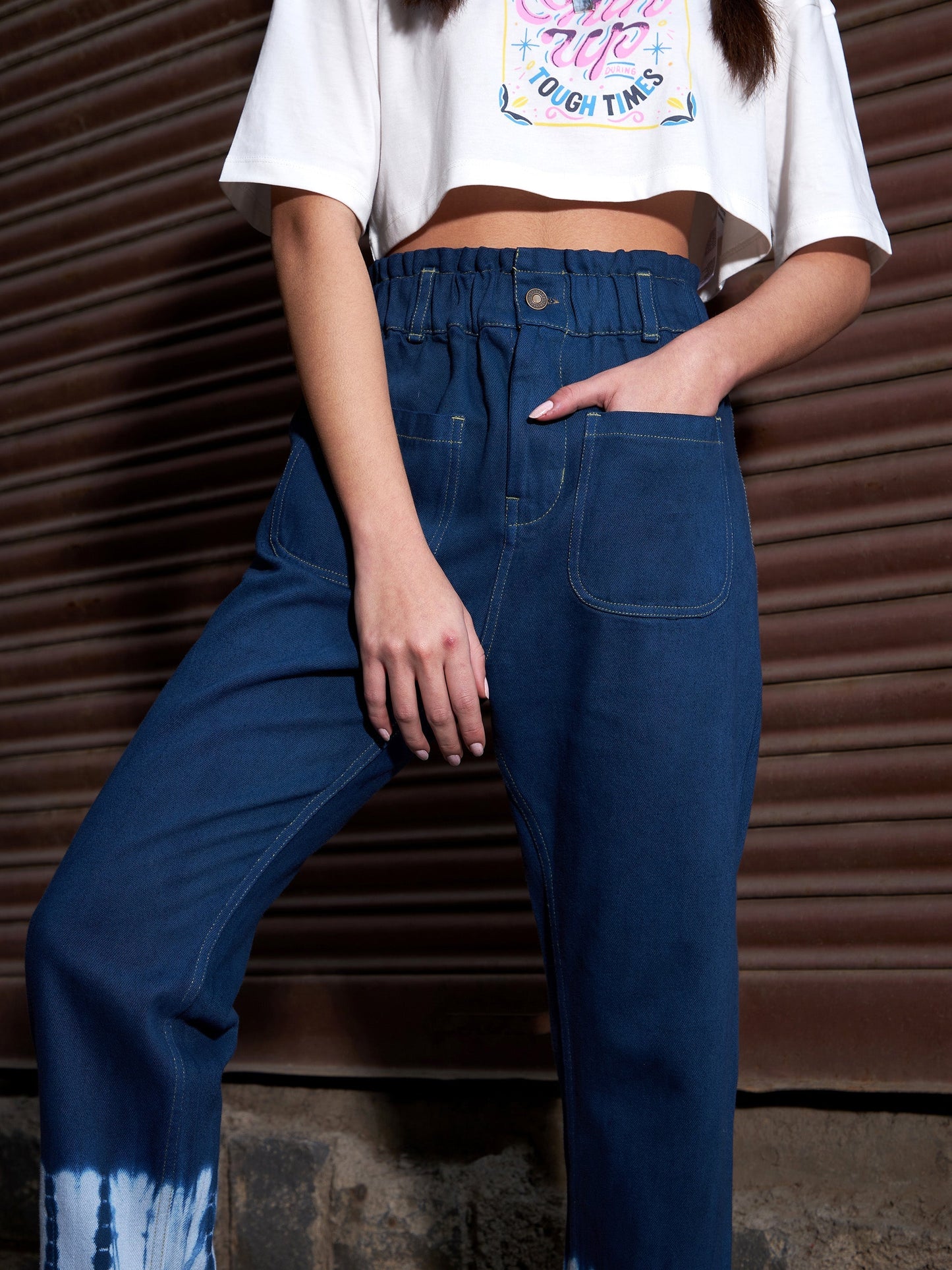 Women's Navy Tie Dye Hem PaperBag Slouchy Jeans