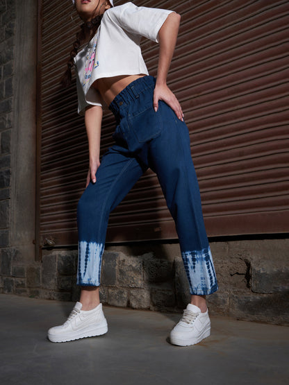 Women's Navy Tie Dye Hem PaperBag Slouchy Jeans