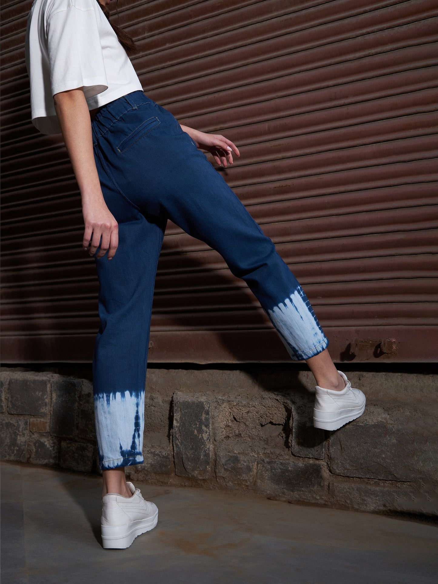 Women's Navy Tie Dye Hem PaperBag Slouchy Jeans