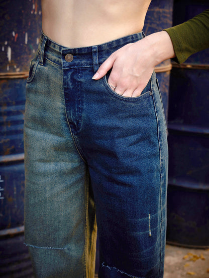 Women's Navy Colour Block Straight Jeans