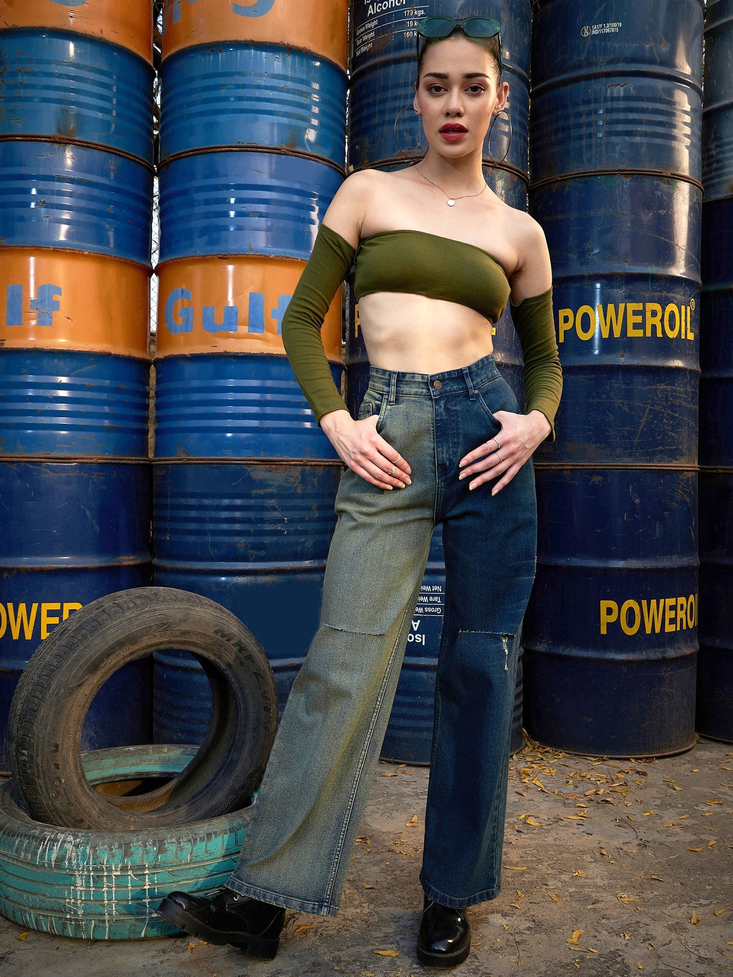 Women's Navy Colour Block Straight Jeans