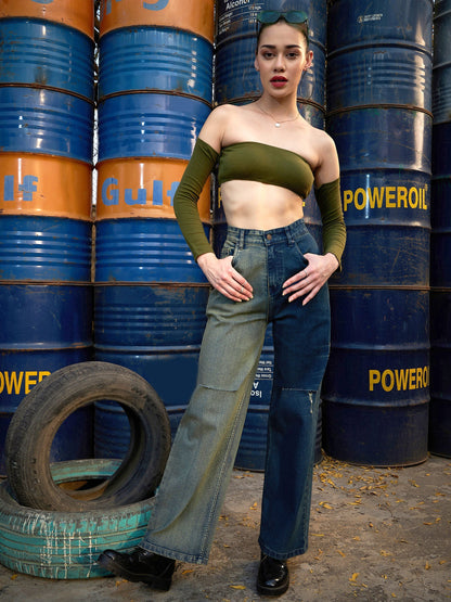 Women's Navy Colour Block Straight Jeans