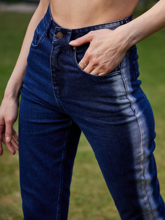Women's Navy Side Wash Mom Fit Jeans