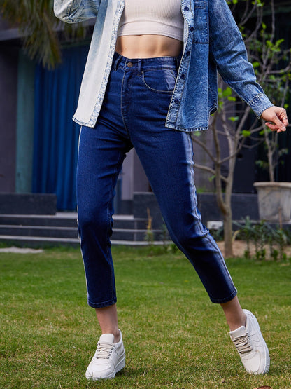 Women's Navy Side Wash Mom Fit Jeans