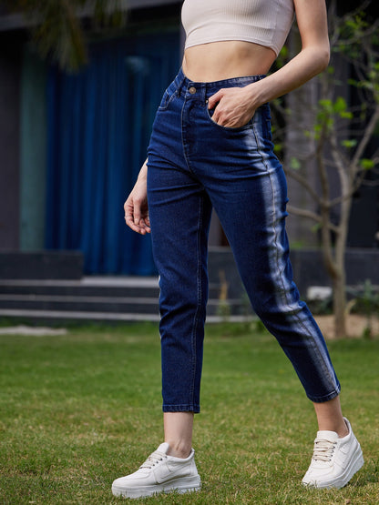 Women's Navy Side Wash Mom Fit Jeans