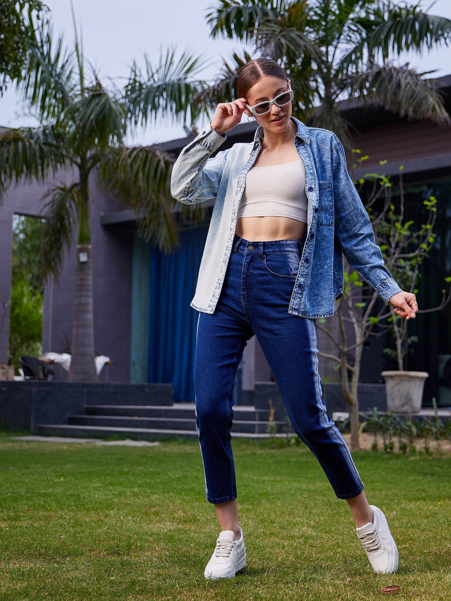 Women's Navy Side Wash Mom Fit Jeans