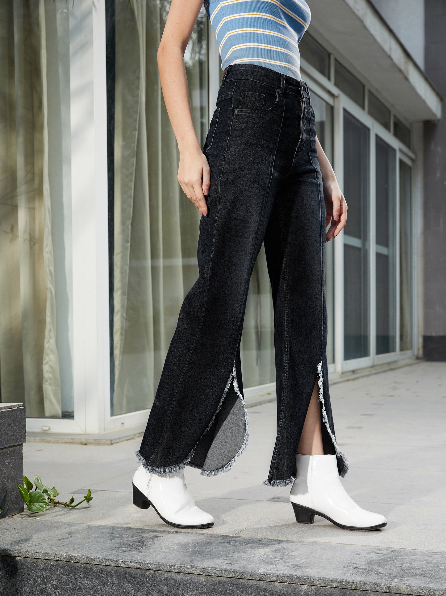 Women's Black Front Slit Bell Bottom Jeans