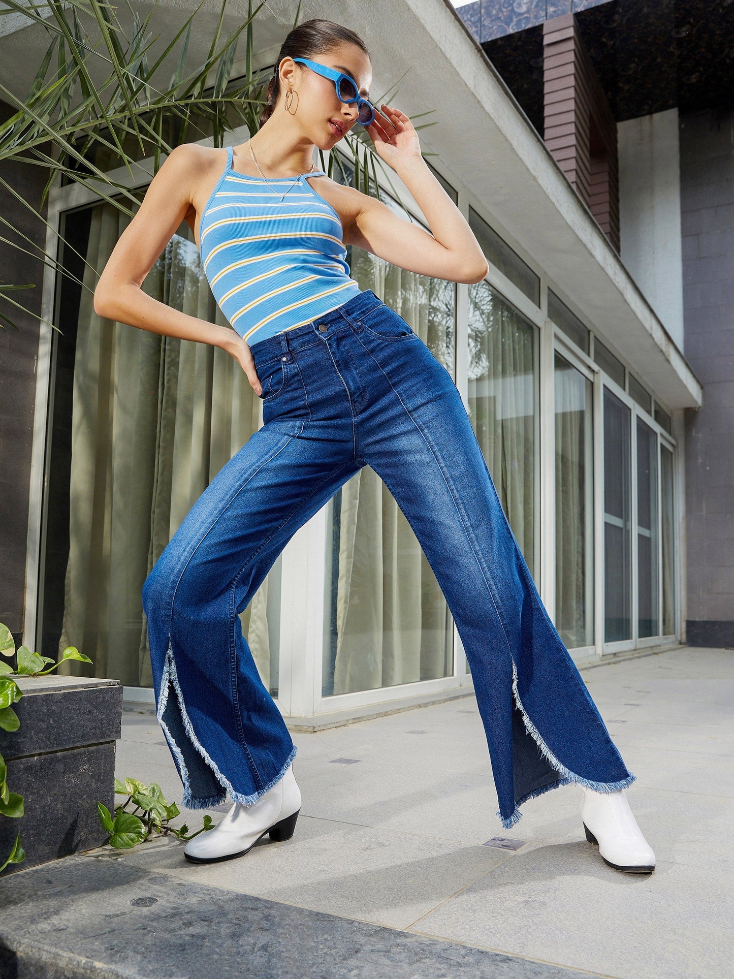 Women's Navy Front Slit Bell Bottom Jeans