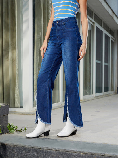 Women's Navy Front Slit Bell Bottom Jeans