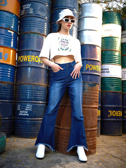 Women's Navy Raw Hem Bell Bottom Jeans