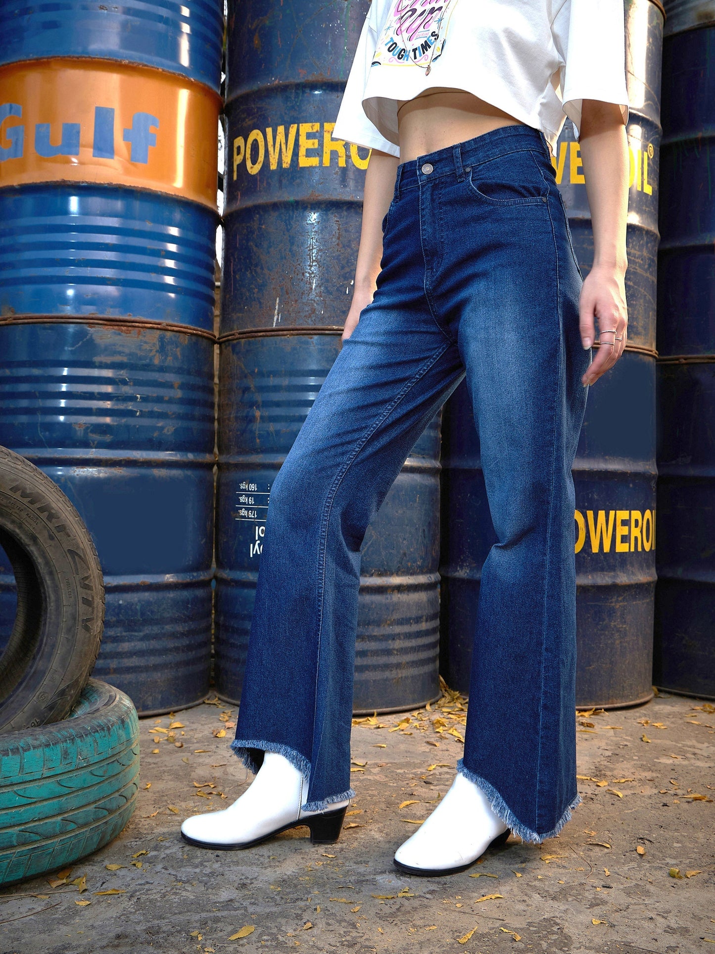 Women's Navy Raw Hem Bell Bottom Jeans