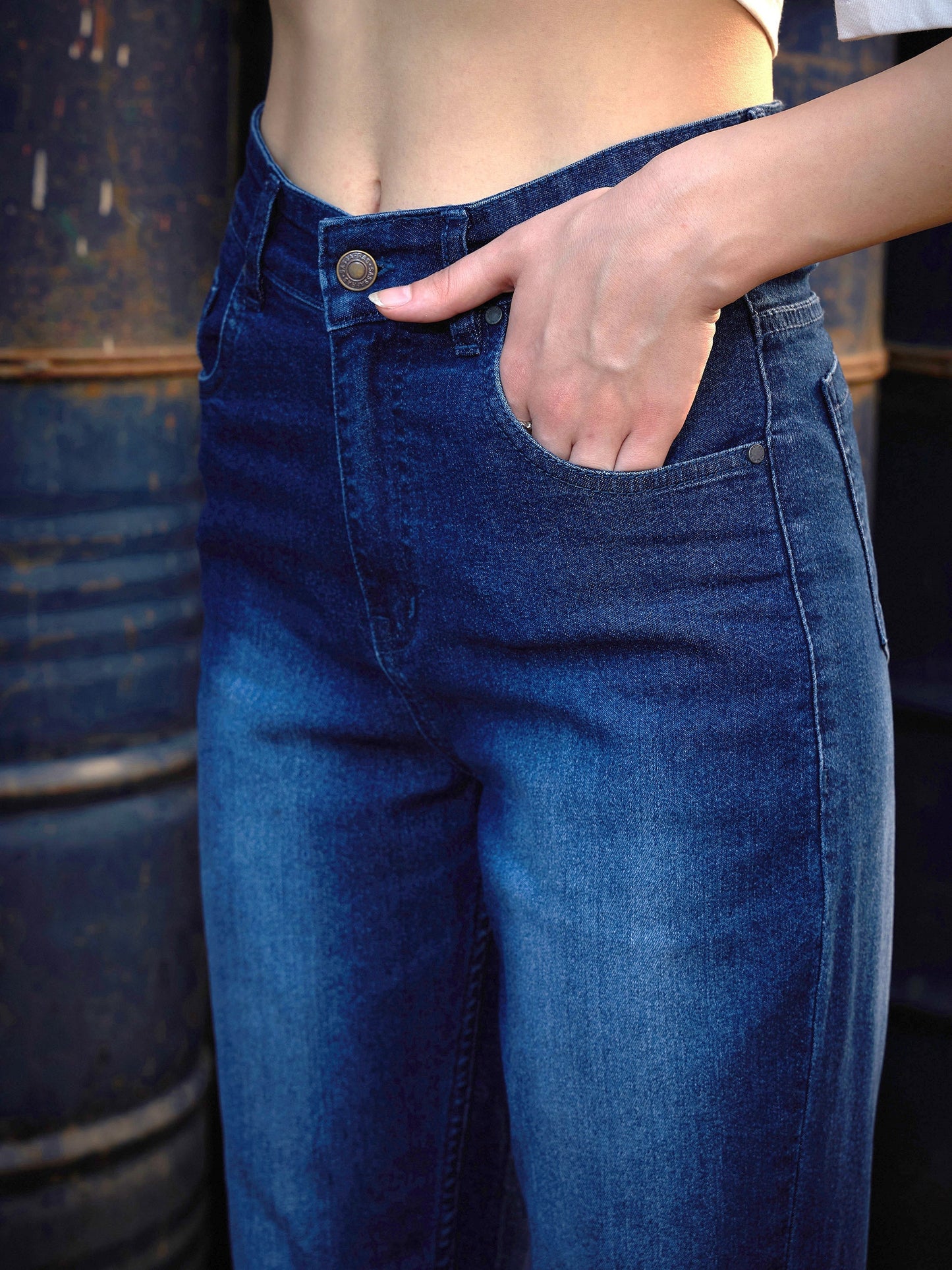Women's Navy Raw Hem Bell Bottom Jeans