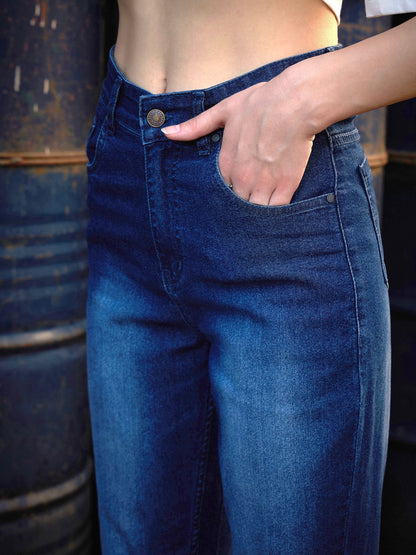 Women's Navy Raw Hem Bell Bottom Jeans