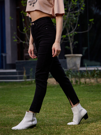 Women's Black Hem Slit Relax Premium Jeans