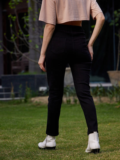 Women's Black Hem Slit Relax Premium Jeans
