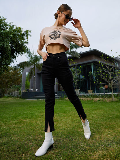 Women's Black Hem Slit Relax Premium Jeans