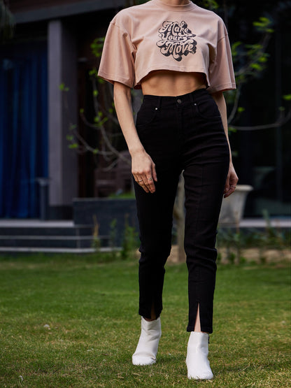 Women's Black Hem Slit Relax Premium Jeans