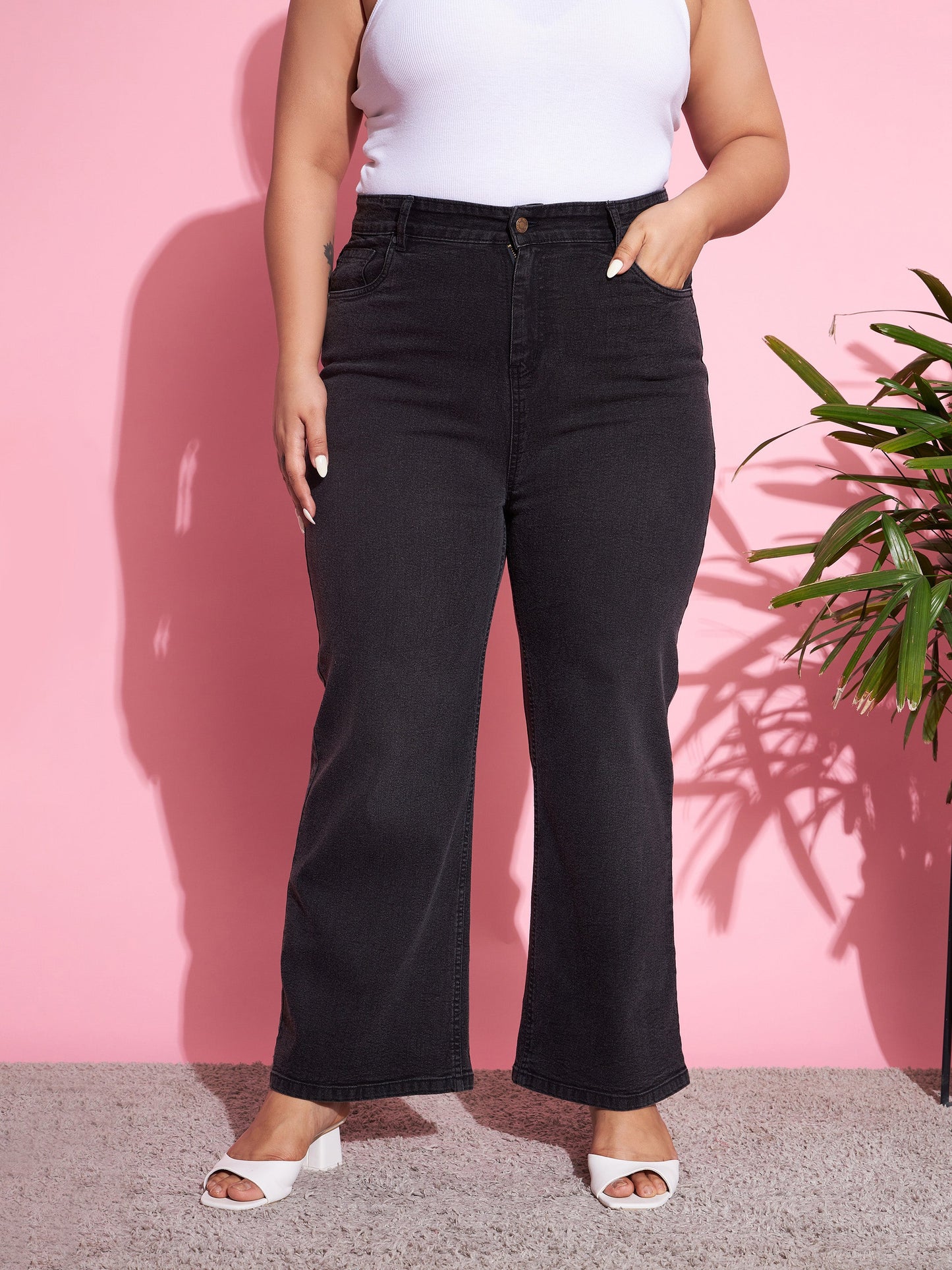 Women's Black Acid Wash Denim Straight Jeans