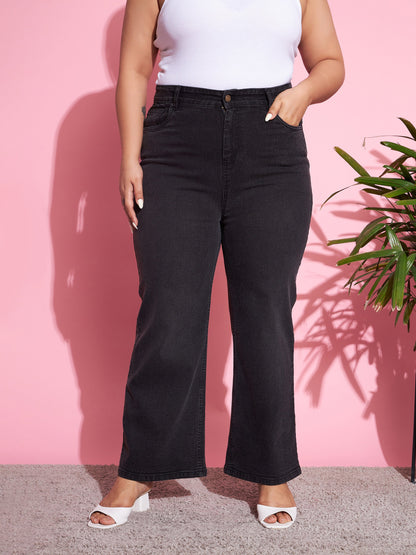 Women's Black Acid Wash Denim Straight Jeans