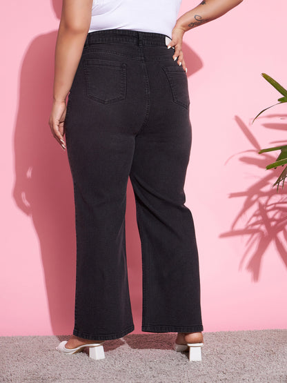 Women's Black Acid Wash Denim Straight Jeans