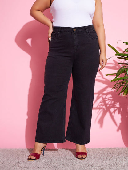 Women's Black Acid Wash Denim Bell Bottom Jeans