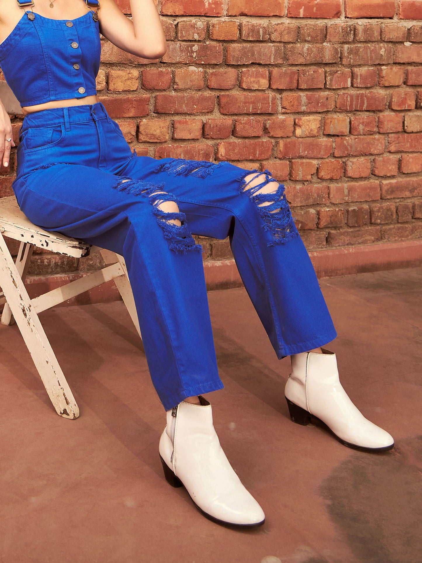 Women's Royal Blue Heavy Distress Straight Jeans