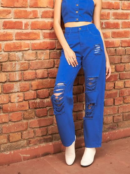 Women's Royal Blue Heavy Distress Straight Jeans