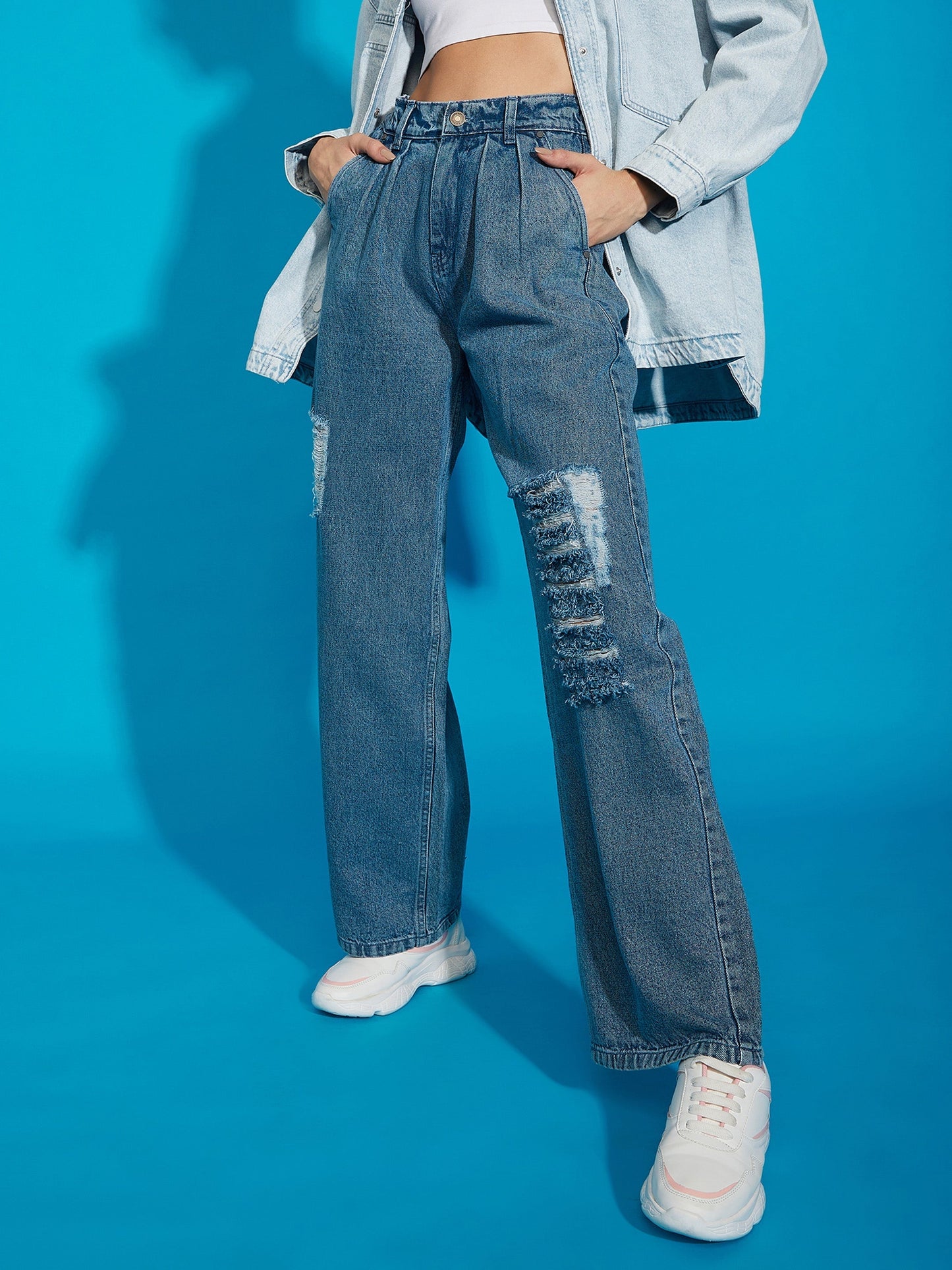 Women's Blue Wash Distress Baggy Fit Jeans