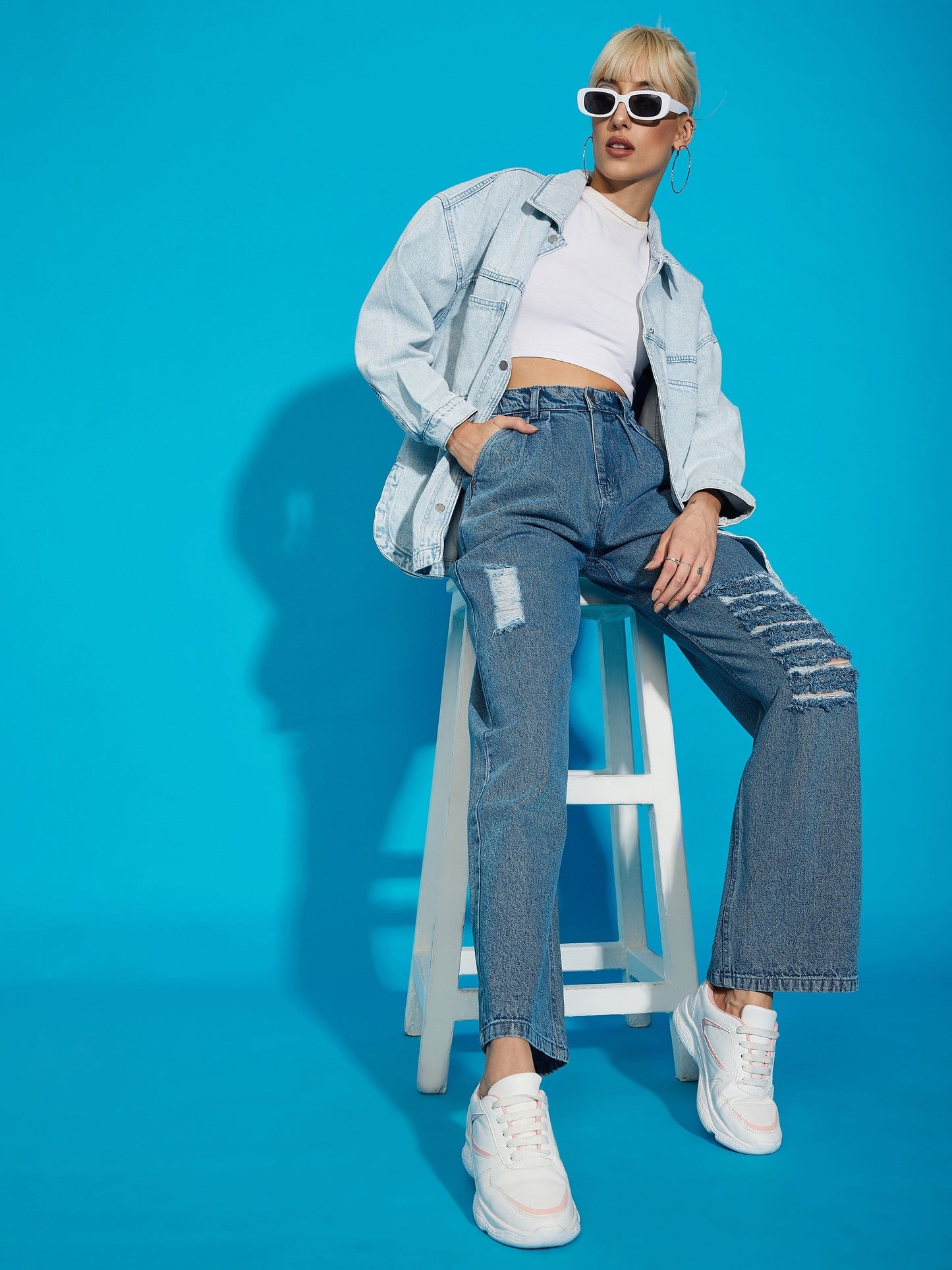 Women's Blue Wash Distress Baggy Fit Jeans