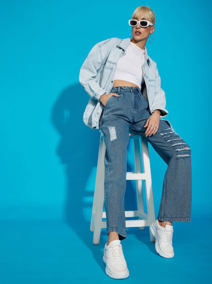 Women's Blue Wash Distress Baggy Fit Jeans