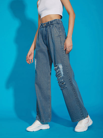 Women's Blue Wash Distress Baggy Fit Jeans