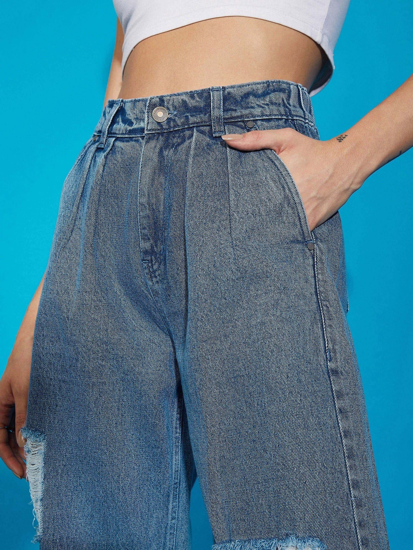 Women's Blue Wash Distress Baggy Fit Jeans