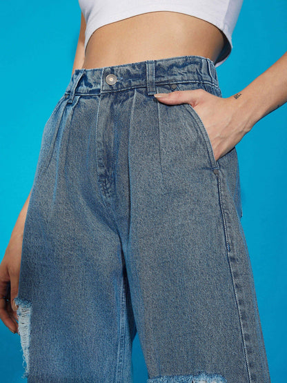 Women's Blue Wash Distress Baggy Fit Jeans