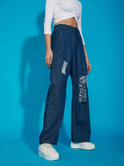 Women's Navy Wash Distress Baggy Fit Jeans