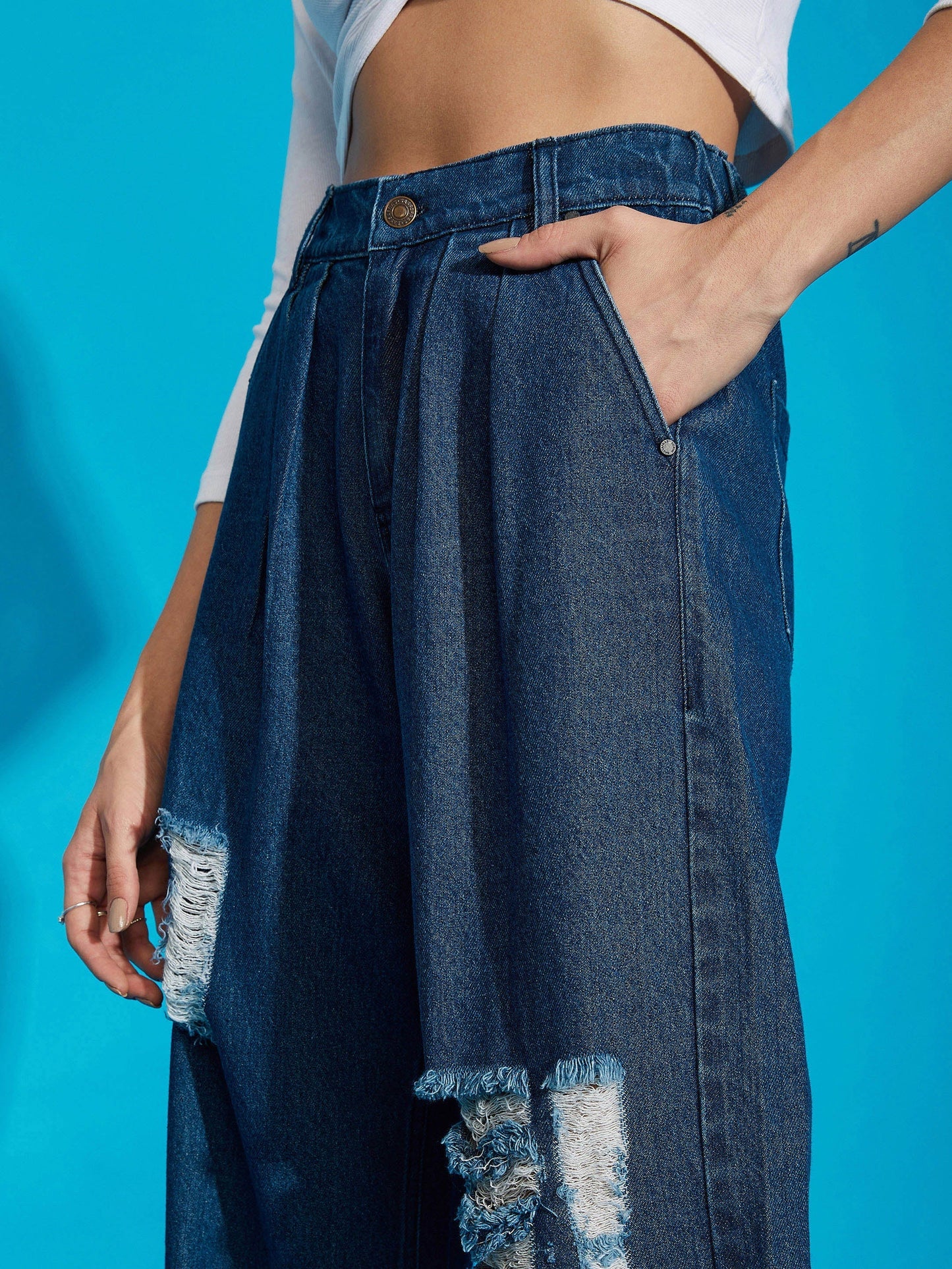 Women's Navy Wash Distress Baggy Fit Jeans