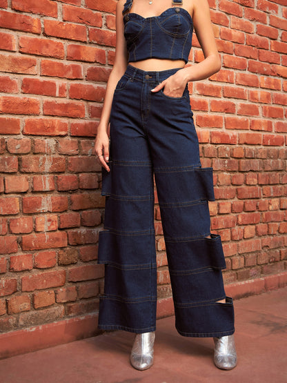 Women's Navy Premium Side Cutout Straight Jeans
