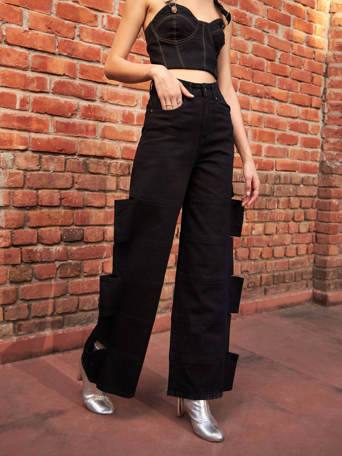 Women's Black Premium Side Cutout Straight Jeans