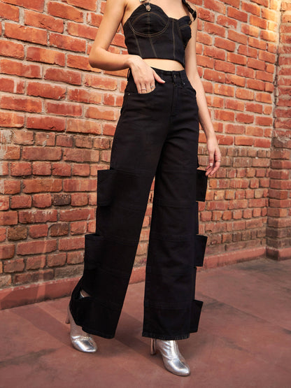 Women's Black Premium Side Cutout Straight Jeans