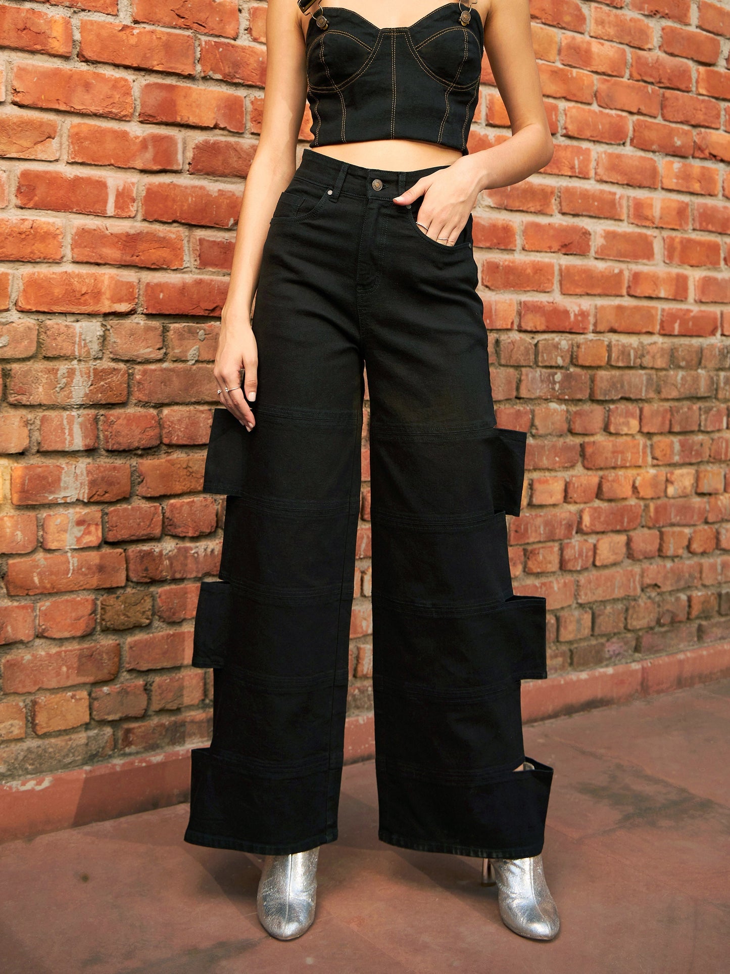Women's Black Premium Side Cutout Straight Jeans