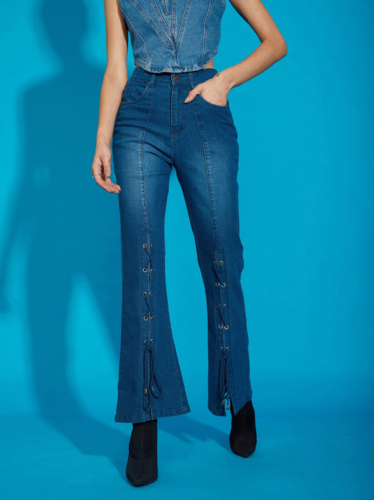 Women's Blue Wash Eyelet Detail Bell Bottom Jeans