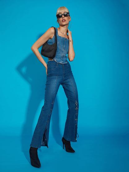 Women's Blue Wash Eyelet Detail Bell Bottom Jeans