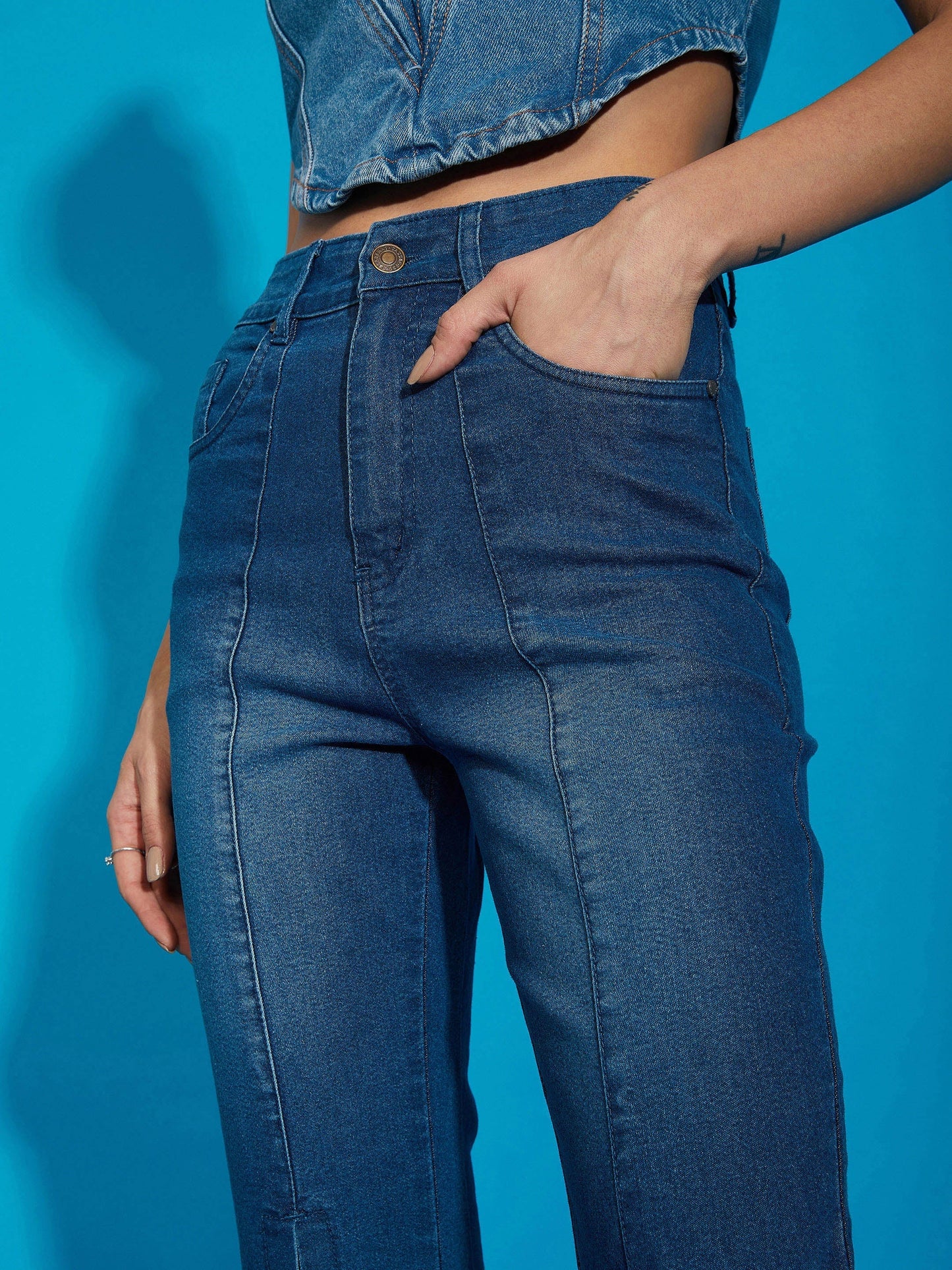 Women's Blue Wash Eyelet Detail Bell Bottom Jeans